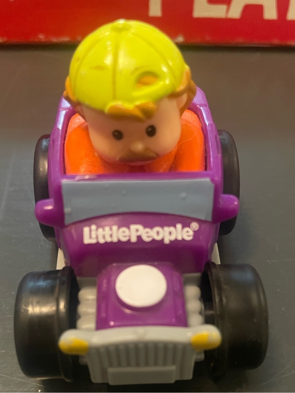 Little People wheelies Purple jeep Racer Toy Car with Yellow hat on backwards